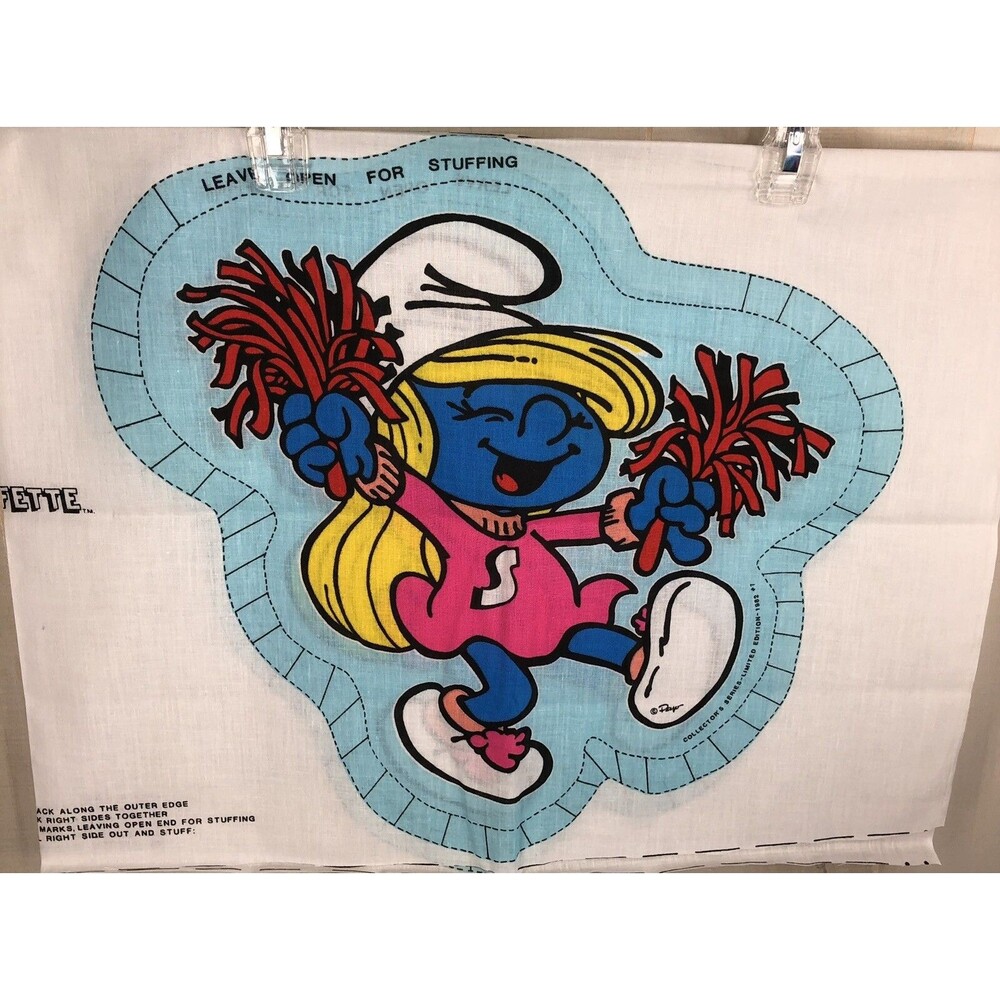 Vintage NOS Peyo Smurf Fabric Panel Pillow Cut Out Cheerleader DIY New